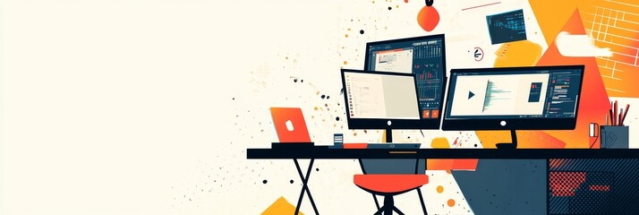 A minimalist workspace featuring a desk with a laptop, three monitors, a red chair, and a vibrant background. It symbolizes productivity, technology, design, creativity, and the digital age.