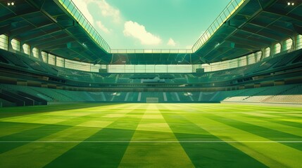 A pristine green soccer field awaits the thrill of competition, with empty stands symbolizing anticipation, potential, and the promise of victory. The bright blue sky above suggests a beautiful day fo