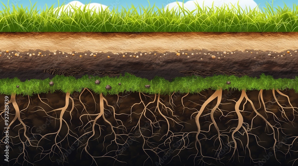 A vector graphic showing a cross-section of soil with grass growing on ...