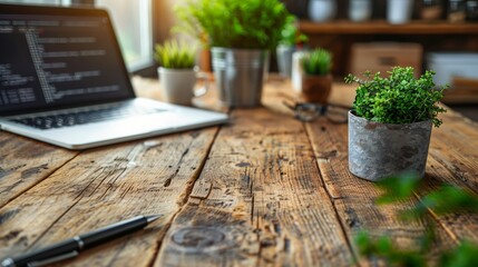 Wall Mural - Wooden Desk with Laptop, Plants, and Pen