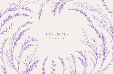 Wall Mural - Background with lavender calligraphic design elements and graceful branches. Wedding wildflowers for invitation save the date card. Botanical feminine rustic vector illustration