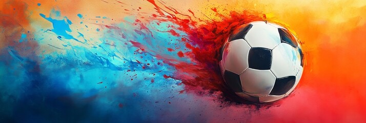 Wall Mural - A soccer ball bursts through a vibrant explosion of red, blue, and orange paint, symbolizing passion, speed, and excitement. The image captures the energy and intensity of the sport, with the ball rep