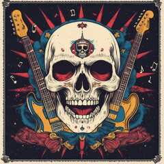 Skull with two guitars and musical notes.