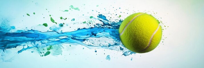 Wall Mural - A tennis ball bursting through a wave of water, symbolizing energy, speed, momentum, competition, and a refreshing summer activity.