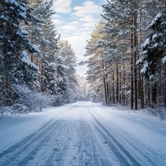 Sticker - Snowy path through a winter forest.