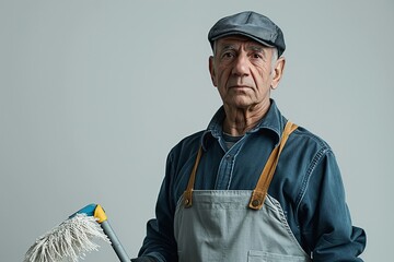 Senior man in a work uniform and cap holding a mop.