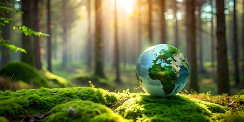 Globe resting on lush moss in a serene forest setting, environment, nature, earth, globe, moss, forest, green