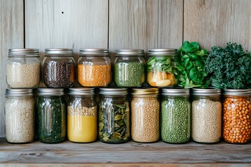 Wall Mural - Variety of colorful vegetables and legumes in jars arranged on a wooden table in a bright kitchen setting, space for text, vegan nutrition, vegan recipes