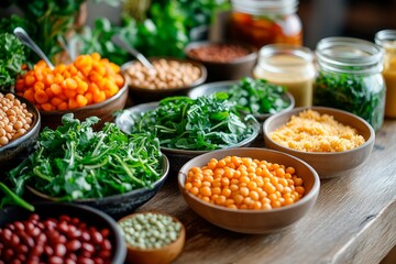 Wall Mural - Variety of colorful vegetables and legumes in jars arranged on a wooden table in a bright kitchen setting, space for text, vegan nutrition, vegan recipes