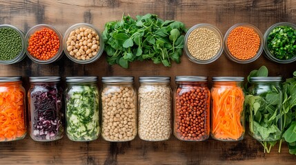 Wall Mural - Variety of colorful vegetables and legumes in jars arranged on a wooden table in a bright kitchen setting, space for text, vegan nutrition, vegan recipes