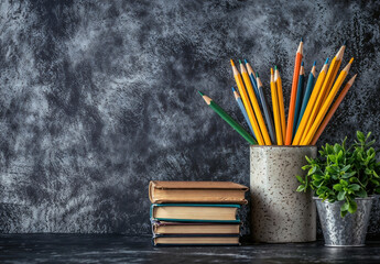 Poster - Colorful pencils standing in a cup, potted plant and stack of books on a blackboard background with copy space