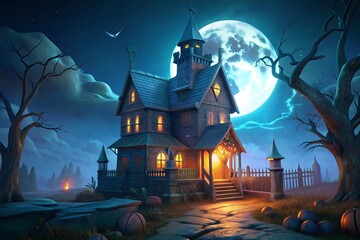 Halloween concept background of realistic horror house and creepy street with moonlight