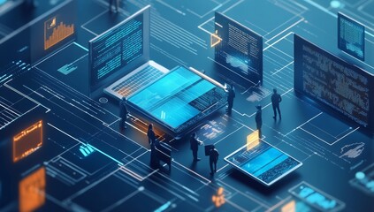 Isometric view of digital marketing and web development with figures working on laptops and holographic data screens.