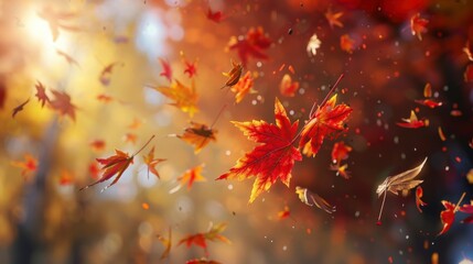 Canvas Print - Red and yellow leaves falling in the air during autumn.