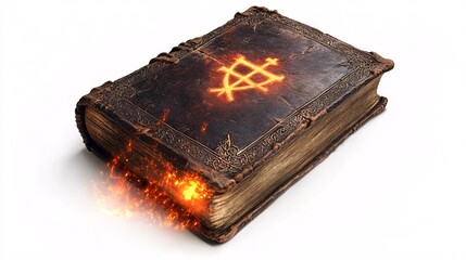 A medieval book of spells with worn leather covers and glowing runes, depicted as an enchanted icon on a white background