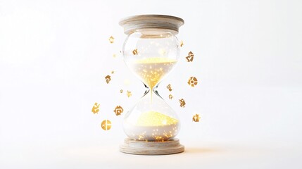 An enchanted hourglass with glowing sand and floating magical symbols, depicted as a mystical icon on a white background