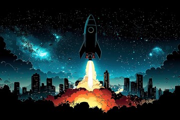 Wall Mural - rocket launch over cityscape at night