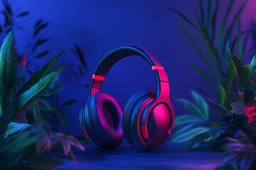 Black wireless bluetooth headphones on neon light background. Music concept.