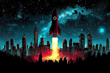 Wall Mural - rocket launch over cityscape at night