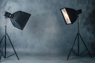 two studio lights with softboxes set up against a grey backdrop.
