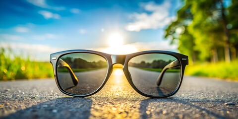 Close-up of a stylish black plastic sunglasses with clear lenses