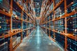 © AlirezA - A modern warehouse aisle is illuminated by digital network lines that connect the shelves and pallets