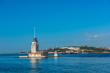 Wall Mural - Maiden's Tower with beautiful sunrise sky in Istanbul, Turkey. (Turkish Name: KIZ KULESI). Colorful sunrise sky in Istanbul.