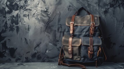 A blue and brown backpack sits in front of a gray textured wall.