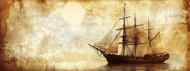 Wall Mural - A ship sails in the ocean with a sun in the background