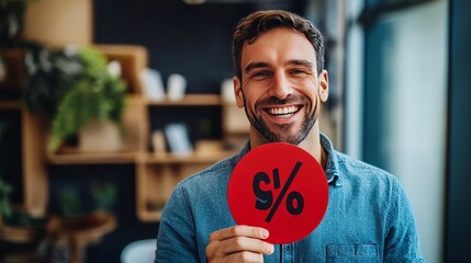 Smiling man holding red % sign, sale and discounts.