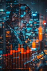 Poster - A business professional reviews data on a tablet with a glowing city skyline in the background during nighttime