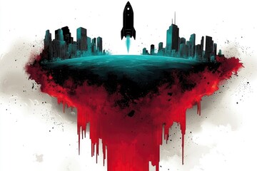 Wall Mural - cityscape with rocket and blood drip