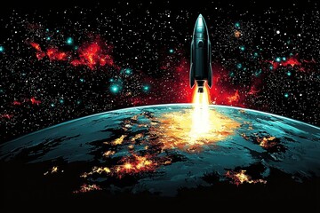 Wall Mural - rocket launching into space with earth in the background