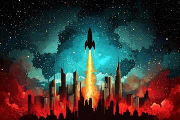Wall Mural - rocket launch over cityscape with stars and clouds