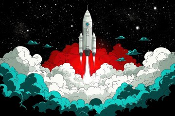 Wall Mural - rocket launch into space with stars and clouds