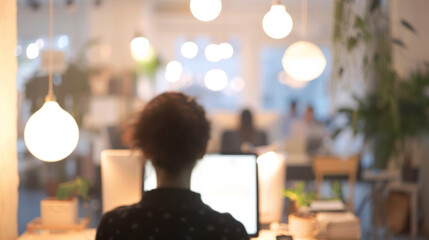 Wall Mural - Blurred office worker at computer. Abstract photo of a person working on a computer in a modern office setting with warm lighting and out of focus details.