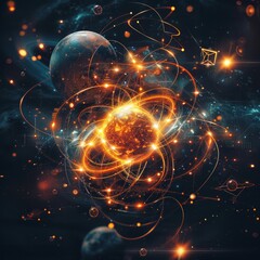 Poster - a mesmerizing display of atomic fusion surrounded by celestial bodies in a dark cosmic setting
