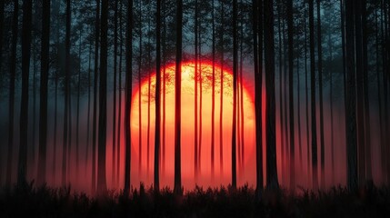 A red rainbow seen through the silhouette of trees in a dense forest