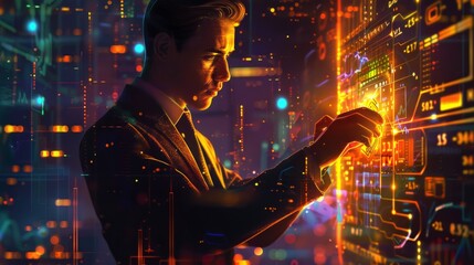 Poster - a man in a suit engages with a glowing digital interface in a dark, advanced technology setting