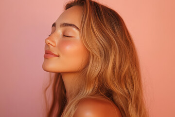 A close up of a woman's face with her eyes closed and long blond hair