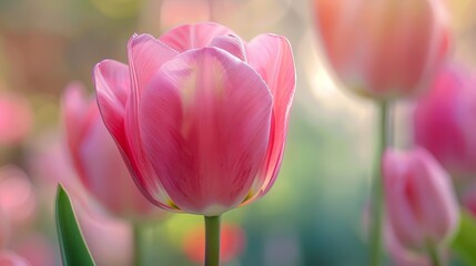 Wall Mural - Single pink tulip blossom closeup. A pink tulip blooms against a blurred background of other tulips. The delicate petals are soft and silky, and the colors are vibrant.