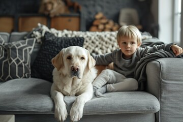 Young boy with labrador dog sitting on grey couch at home