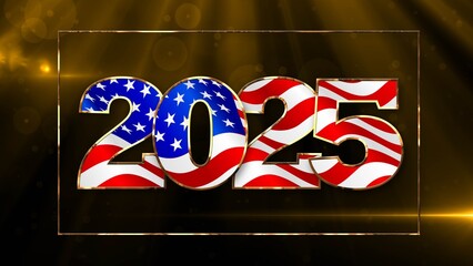 Poster - Year Change 2025 in United States - luxury gold digits with flag on decorative frame background - 3D Illustration