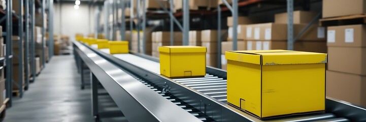 Close up of multiple cardboard box packages moving along a conveyor belt.  industrial distribution warehouse storing products in cardboard