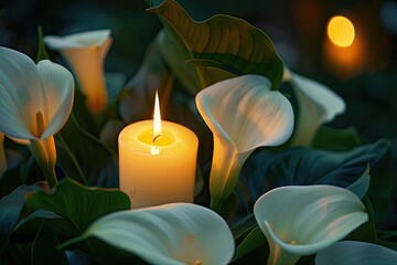 A single candle next to white calla lilies symbolizing remembrance reflection and hope