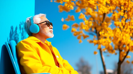 Elderly man with headphones and sunglasses enjoying autumn sun outdoors against vibrant blue sky and yellow tree leaves.