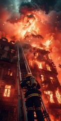 Firefighters ascend a ladder to combat a raging fire engulfing a tall building under dark, smoky skies