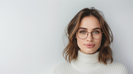 Wall Mural - Round spectacles with delicate metal frames, worn by a model in a cozy setting, emphasizing a blend of comfort and style.