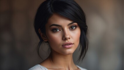 Wall Mural - Close-up portrait of an beautiful young woman with a brunette long hair. Grey and brown light background. The concept of natural beauty and style.