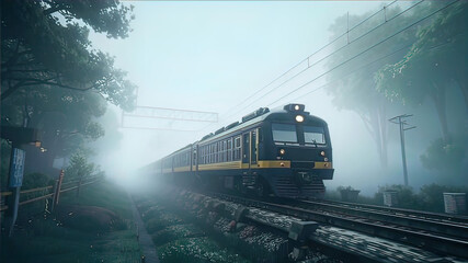 open environment of beautiful nature with modern electric train, atmosphere of the day, railway, train travels on railway